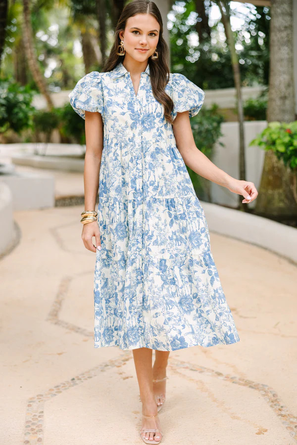 Perfect For You Blue Toile Button Down Midi Dress | The Mint Julep Boutique