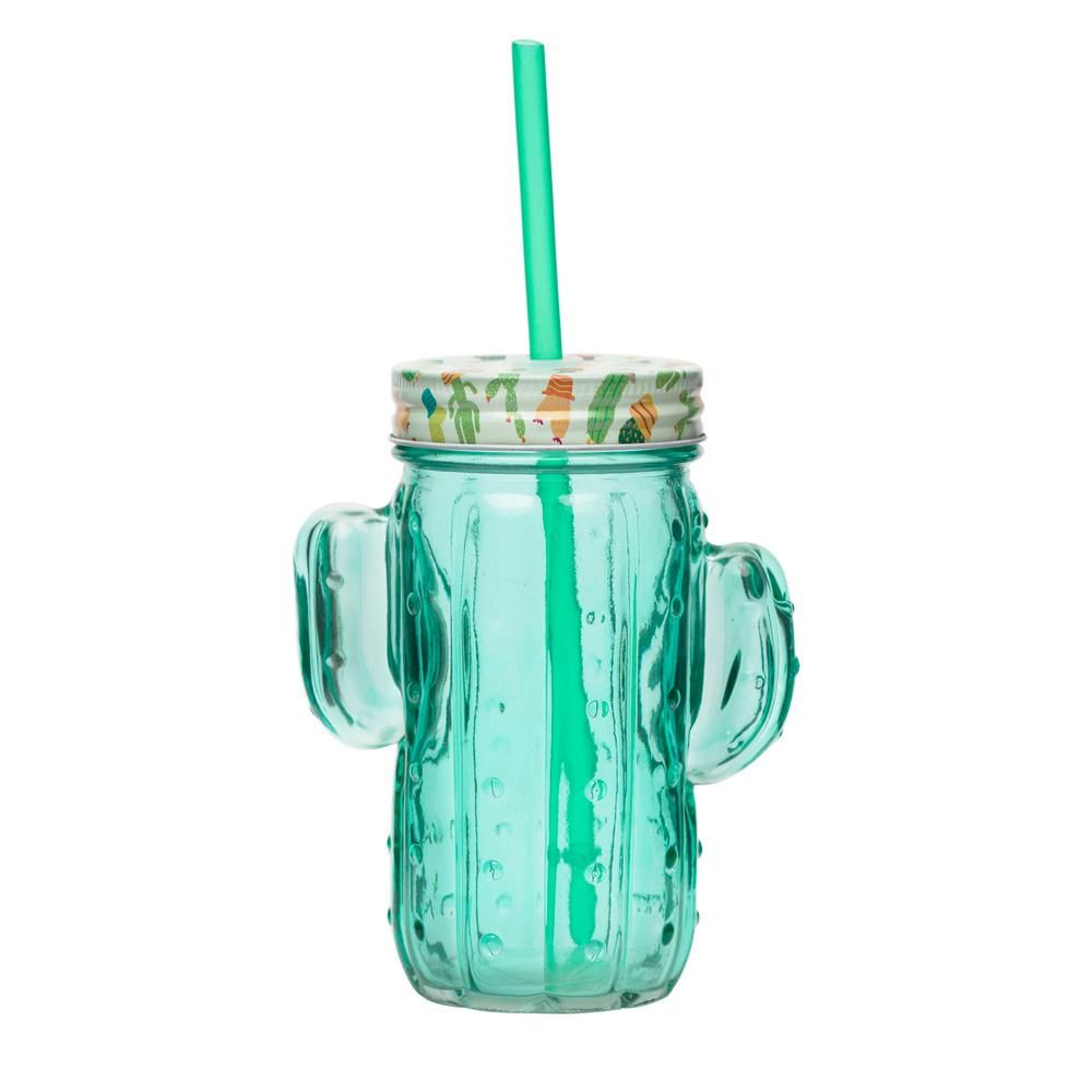 Amici Home Cactus 6-Piece Green Glass Mason Jar Drinkware Set with Plastic Straws | The Home Depot