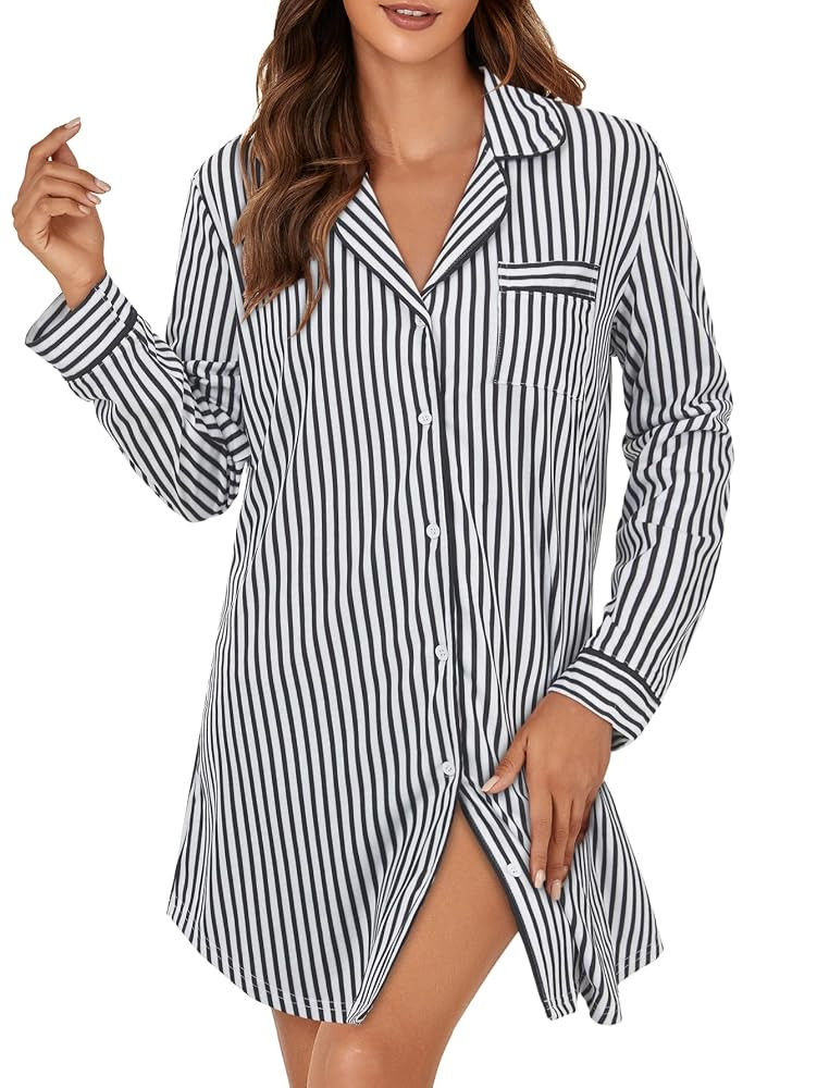OPOIPIN Women's Striped Nightgown Collar V Neck Button Down Long Sleeve Sleep Shirt Top Nightdres... | Amazon (US)