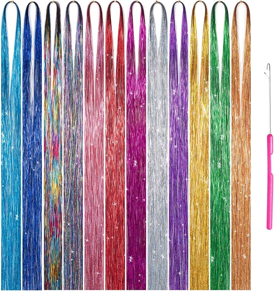 Hair Tinsel Strands 12 Colors 2800 Stands in Set Sparkling Shiny Hair Tinsel Extensions Colored P... | Amazon (US)