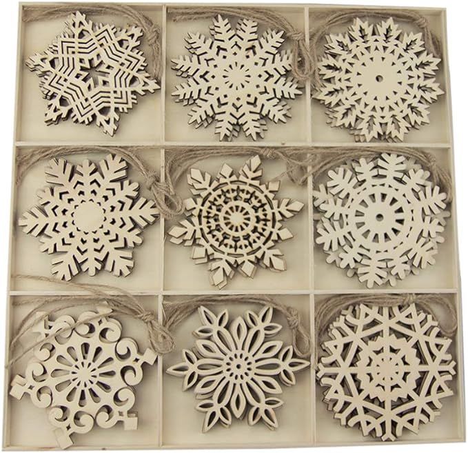 Amosfun 27pcs Christmas Wooden Slices Snowflakes Shaped Embellishments Hanging Decorations Wood C... | Amazon (US)