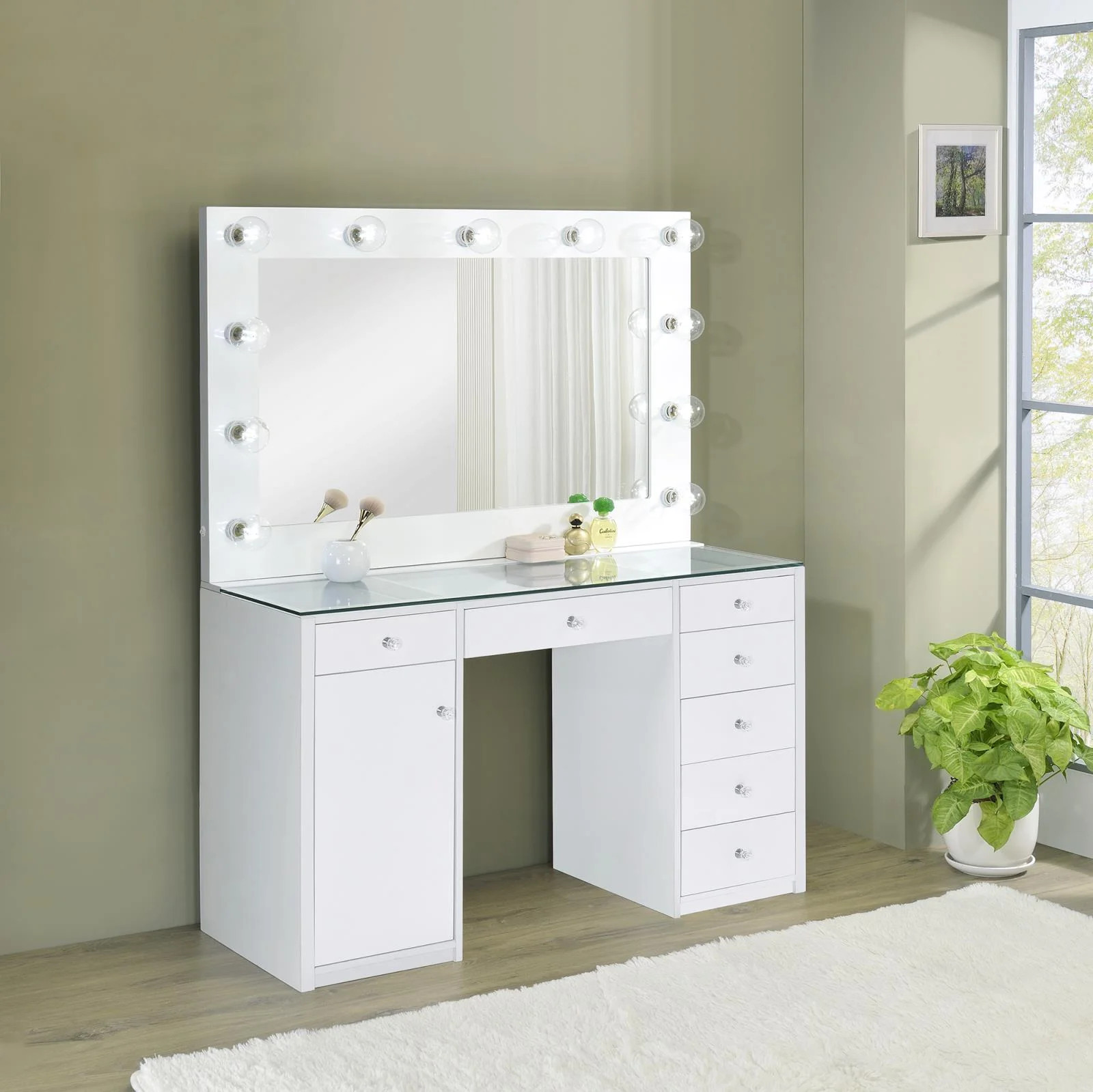 Percy 7-drawer Glass Top Vanity Desk with Lighting White | Walmart (US)