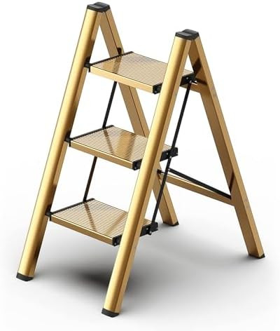 Foldable 3 Step Stool for Closet/Kitchen-Aluminium Gold Step Ladder Stools, Folding 330lbs Lightw... | Amazon (US)