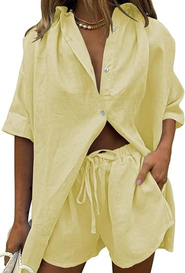Fixmatti Women 2 Piece Outfits Long Sleeve Button Down Blouse and Shorts Sweatsuit Sets | Amazon (US)