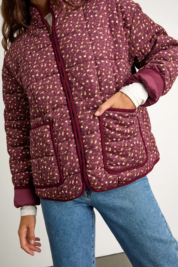 Bundled Perfection Burgundy Floral Quilted Puffer Jacket | Lulus
