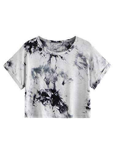 SweatyRocks Women's Round Neck Short Sleeve Casual Tie Dye Crop Top T-Shirt Grey L | Amazon (US)