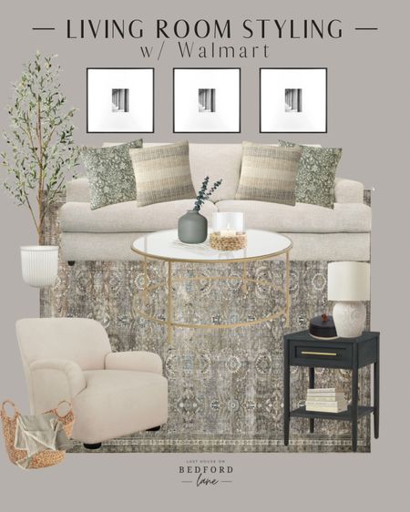 A beautiful neutral living room sourced from Walmart!

Gallery picture frames, round coffee table, white sofa. Spring throw pillows, black end table, accent chair, faux olive tree

#LTKhome #LTKstyletip #LTKsalealert
