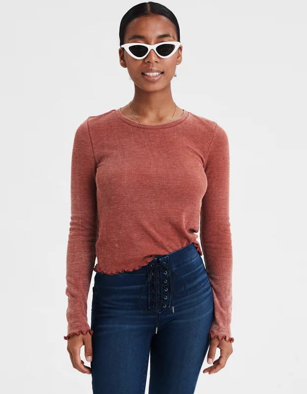 AE Long Sleeve Lettuce Edge T-Shirt | American Eagle Outfitters (US & CA)