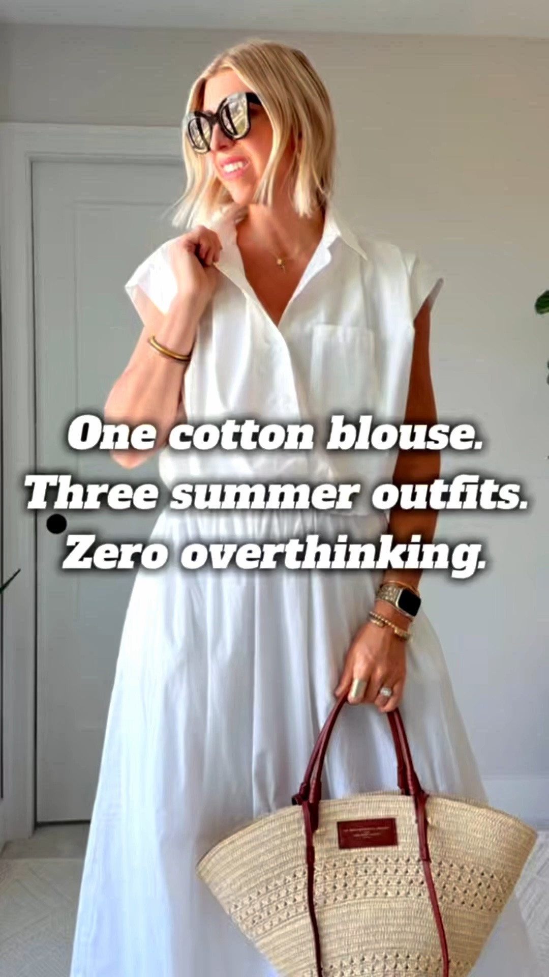 A crisp cotton blouse is the summer wardrobe piece that makes everything look instantly more polished.

Styled three ways: with a white skirt, denim shorts, and linen pants — because busy 40+ working gals need pieces that work harder than they do.

Easy, elevated, and endlessly versatile for Soft Girl Summer. Linking the blouse + all three outfit details here. #LTKStyleTip #LTKOver40 #LTKWorkwear

#LTKootd #LTKSeasonal #LTKOver40