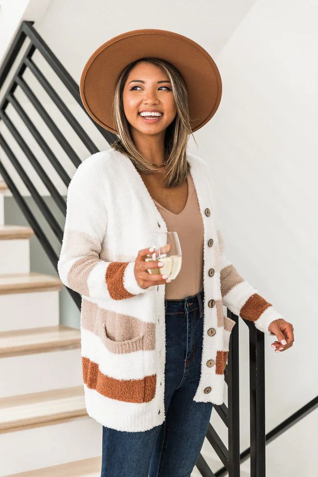 Long Days Ahead Brown Fuzzy Striped Cardigan | Pink Lily