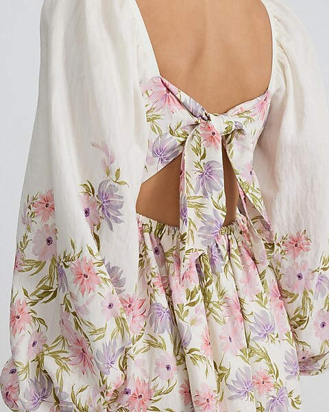 Floral Sweetheart Long Sleeve Tie Open Back Mini Fit And Flare Dress | Express