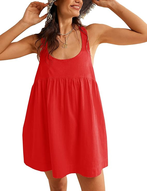 Womens Summer Dresses Sleeveless Square Neck Mini Dress Open Back Casual Babydoll Sundress | Amazon (US)
