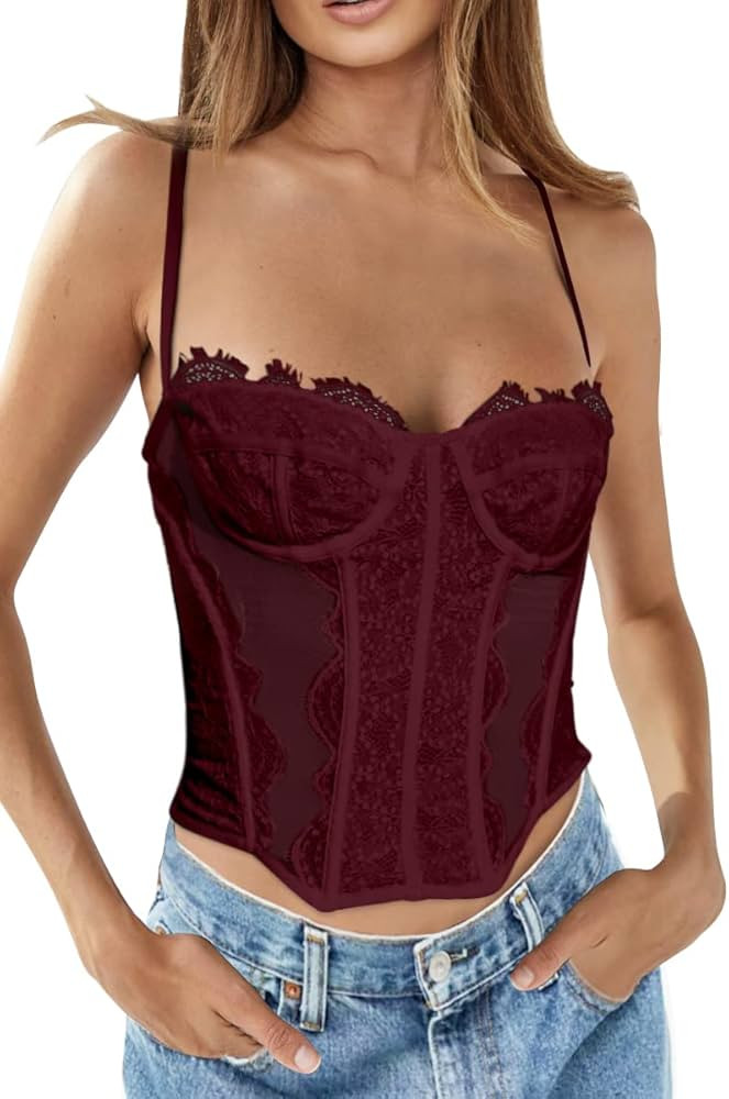 Dealmore Womens Summer Lace Bustier Mesh Sexy Vintage Spaghetti Strap Open Back Boned Corset Goin... | Amazon (US)