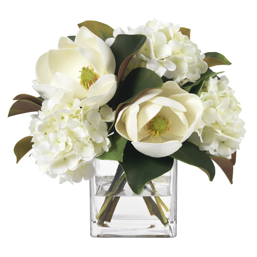 Magnolia And Hydrangea In Square Vase | Perigold
