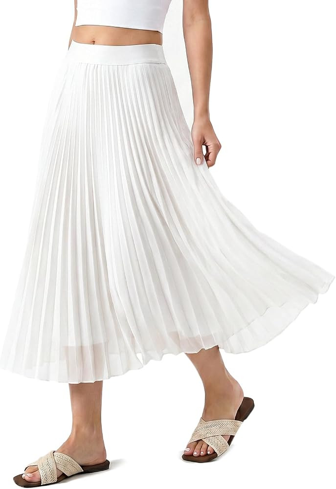 QINSEN Women's Elegant Flowy Pleated Chiffon Skirts Summer A-line Swing Midi Skirts Casual Elasti... | Amazon (US)