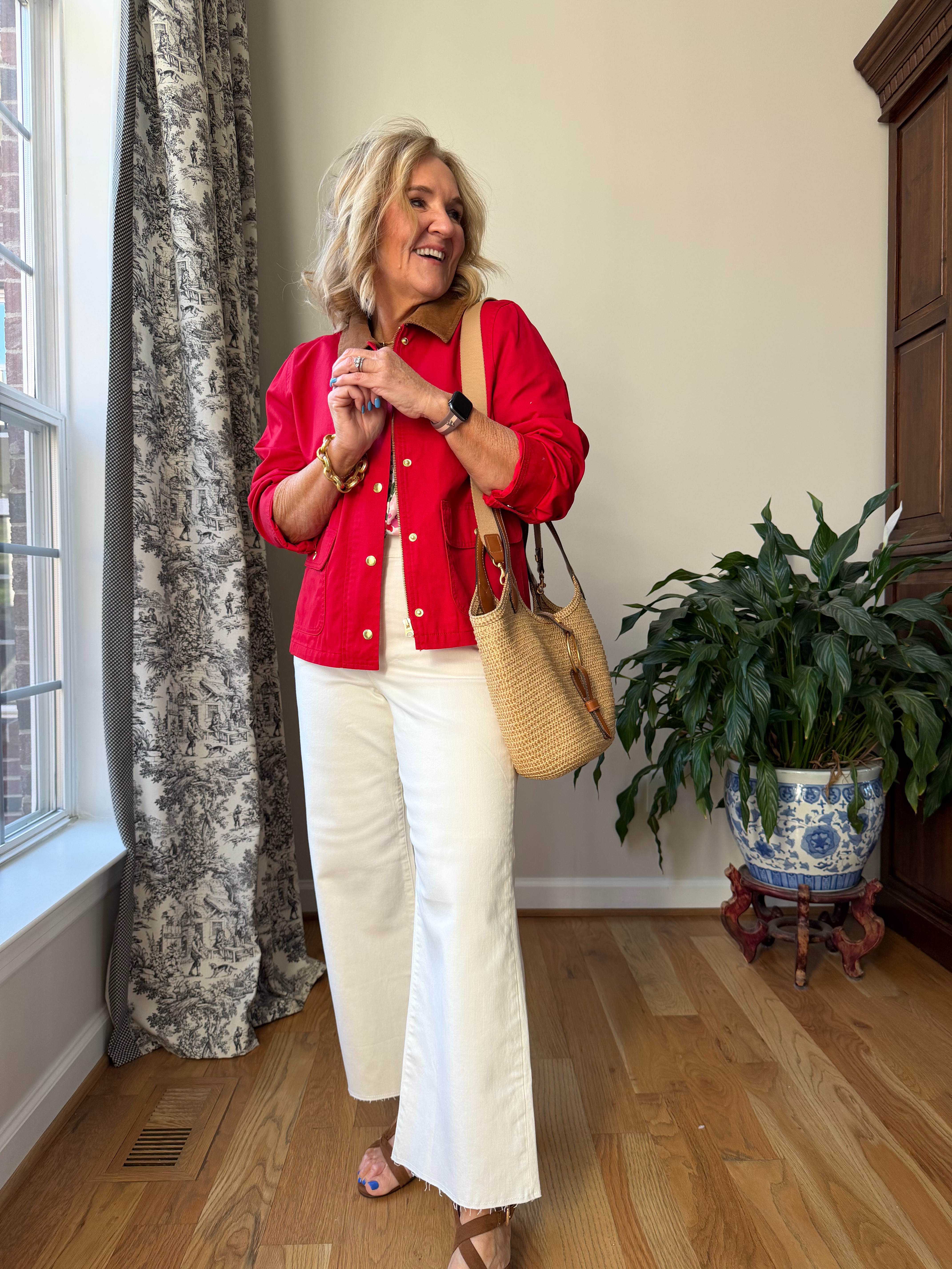  These wide leg cropped jeans are off-white, but I love them. The fabric is a heavier fabric that doesn’t show any bumps or lumps underneath. And they have some stretch. I did size down to a 28.
Red barn jacket is a great option for spring layers, wearing a medium, and underneath this really pretty red floral blouse. It’s true to size.
10% off my bag it’s a bit of a splurge, but it is high-quality use code NANETTE

 

#LTKSaleAlert #LTKOver40 #LTKSeasonal