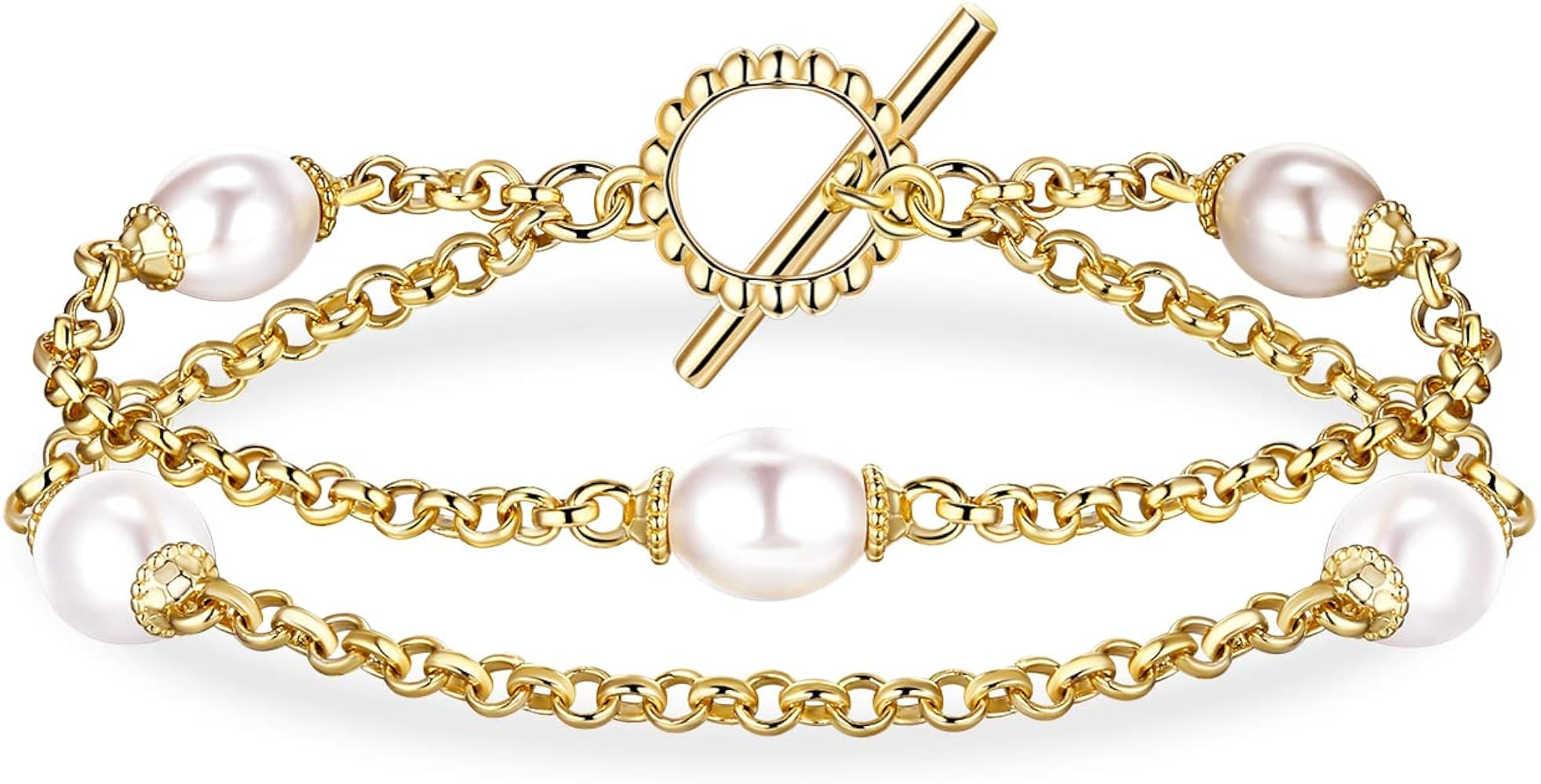 AiliFe Gold Pearl Double Layered Bracelets for Women and Girls, 14K Real Yellow Gold Plated Daint... | Amazon (US)