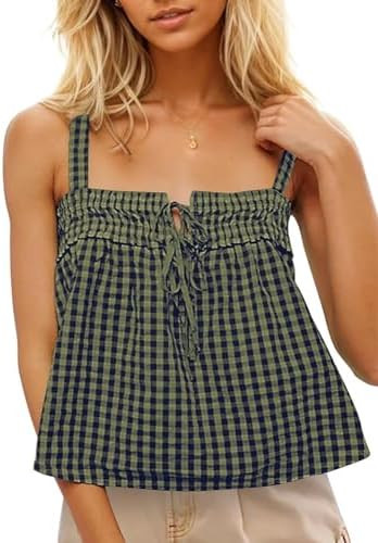 Women Plaid Cropped Camisole Tops Ruched Tie Front Square Neck Backless Loose Cute Crop Cami Tank... | Amazon (US)