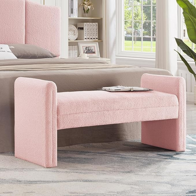 24KF Modern Boucle Teddy Lovely Bench, Upholstered Bed Bench Entryway Bench Ottoman with Armrest,... | Amazon (US)