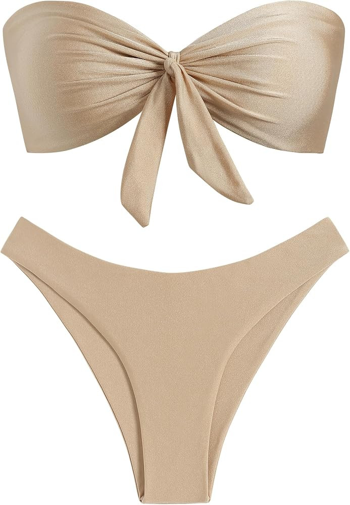 ZAFUL Knotted Bandeau Bikini for Women Strapless Swimsuits High Cut Bathing Suit Sexy Cheeky Tie ... | Amazon (CA)