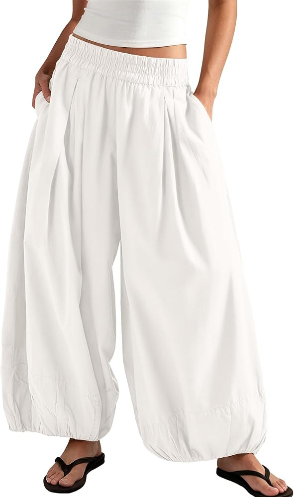 ReachMe Womens Elastic High Waist Wide Leg Barrel Pants Flowy Baggy Balloon Trousers Summer Beach... | Amazon (US)