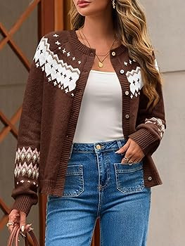 Saodimallsu Womens Fair Isle Sweater Button Up Long Sleeve Cardigans Crew Neck Open Front Knit Vi... | Amazon (US)