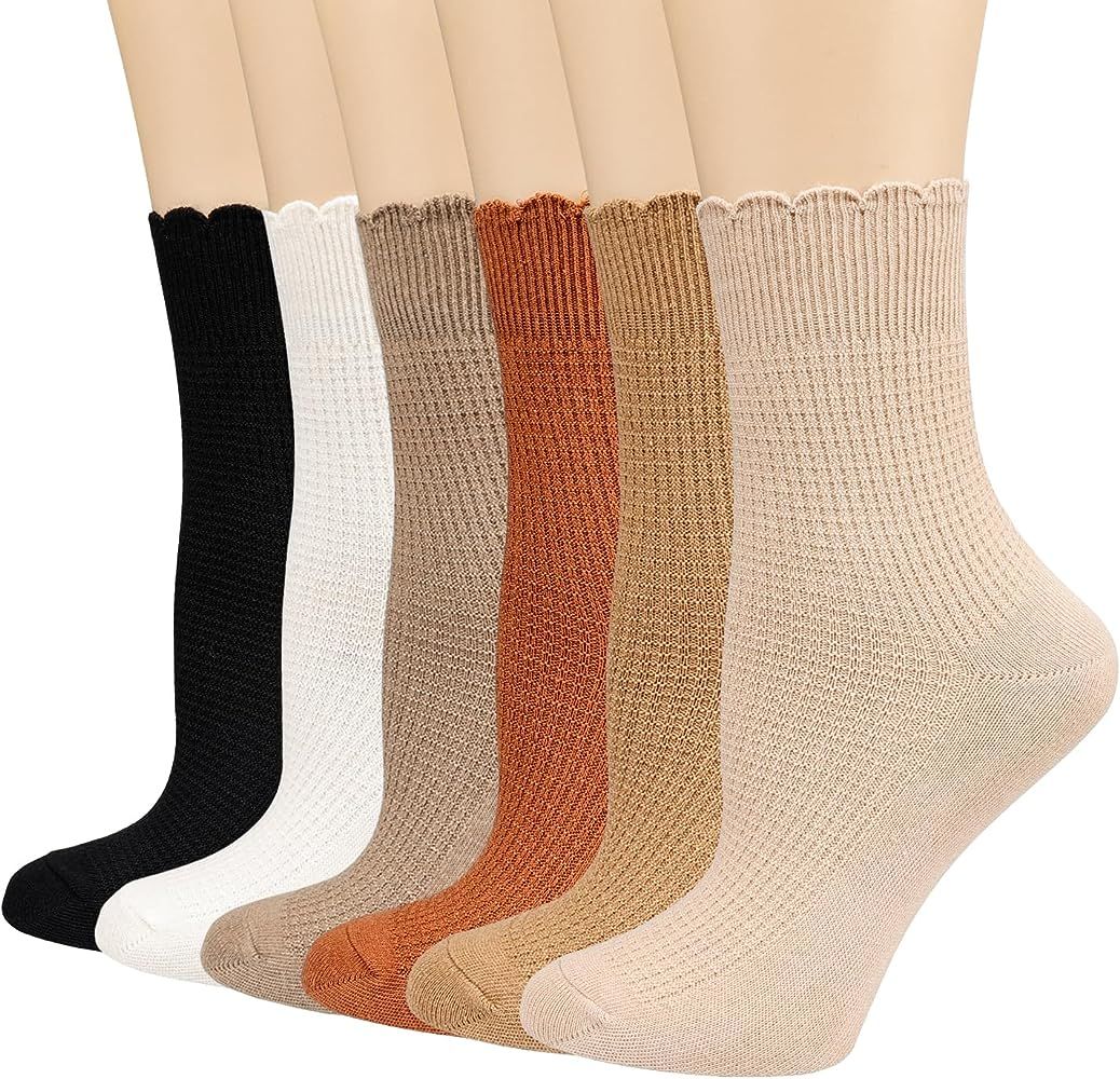 Mcool Mary Women's Crew Socks,Casual Cute Ankle Socks Breathable Cotton Knit Retro Caramel Frilly... | Amazon (US)