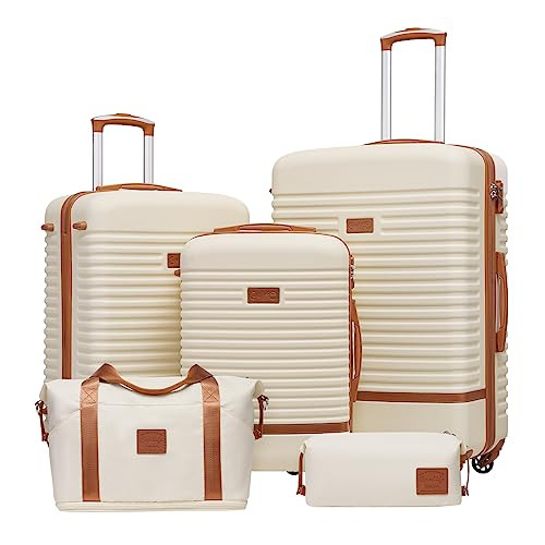 Coolife Suitcase Set 3 Piece Luggage Set Carry On Travel Luggage TSA Lock Spinner Wheels Hardshell Lightweight Luggage Set(White, 5 piece set) | Amazon (US)