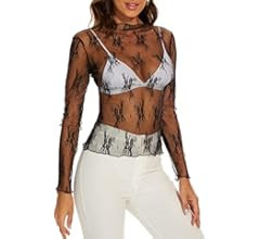 AILBBE Mesh Long Sleeve Layering Top for Women Mock Neck Floral Embroidery Sheer See Through Tee ... | Amazon (US)