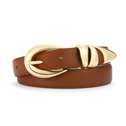 Hihope Womens Brown Belt with Gold Buckle Faux Leather Belts for Women Ladies Belts for Jeans Dress Business Casual Outfits | Amazon (US)