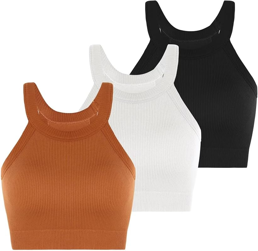 INIBUD Sports Bras for Women Longline High Neck Support Racerback Ribbed Padded Bralette Tank Top... | Amazon (US)