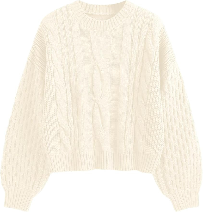 ZAFUL Women's Solid Knit Cable Sweater Casual Long Lantern Sleeve Pullover Crew Neck Knitted Tops | Amazon (US)