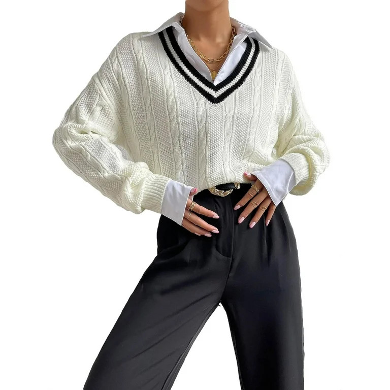 Casual Striped V neck Pullovers Long Sleeve White Women Sweaters (Women's) - Walmart.com | Walmart (US)
