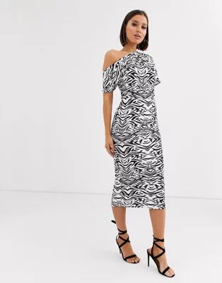 ASOS DESIGN pleated shoulder pencil dress in zebra print | ASOS US