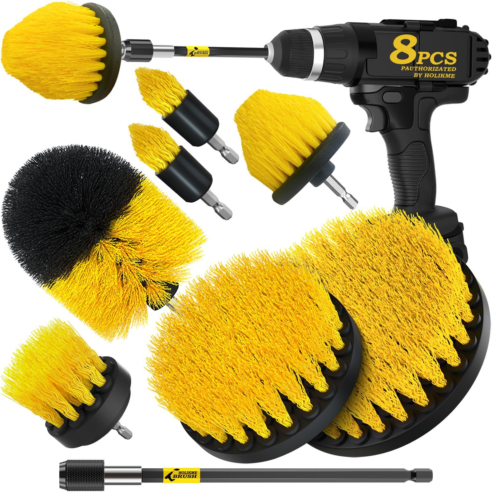 Holikme 8 Piece Drill Brush Attachments Set, Power Scrubber Brush with Extend Long Attachment，Cleaning Supplies，Scrub Brush，Shower Scrubber，Bathtub(Yellow) | Amazon (US)
