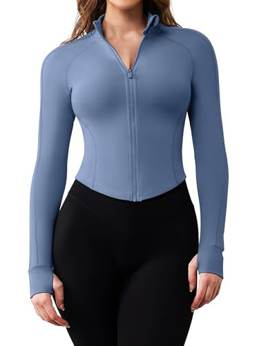 AVGO Womens Long Sleeve Workout Tops Cropped Athletic Workout Jackets Zip Up Gym Sweaters Yoga Clothes(Blue,X-Small) | Amazon (US)