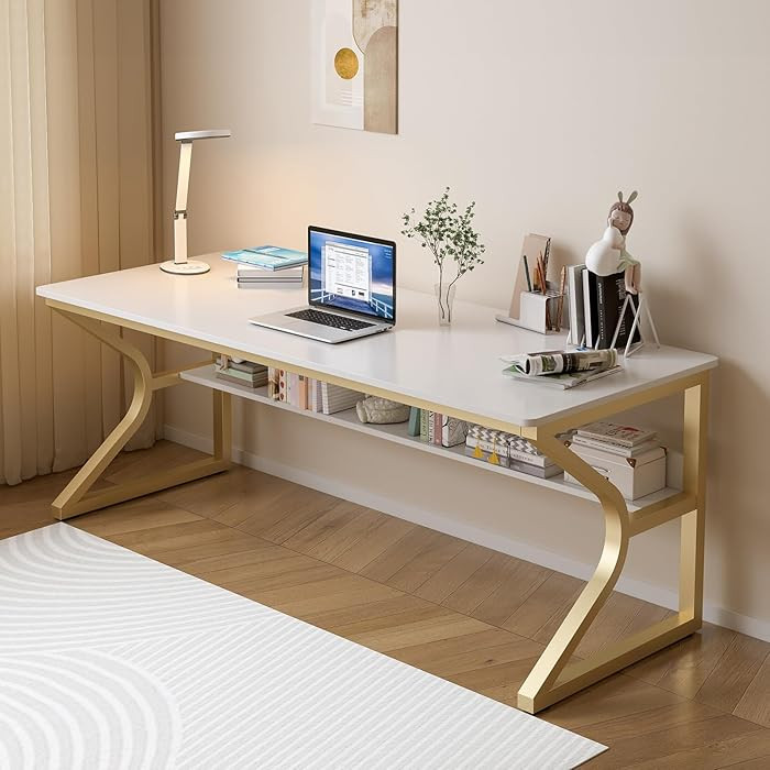 Extra Long Desk with Bookshelf - 63" Double Long Writing Table for 2-Person Workstation, Modern S... | Amazon (US)
