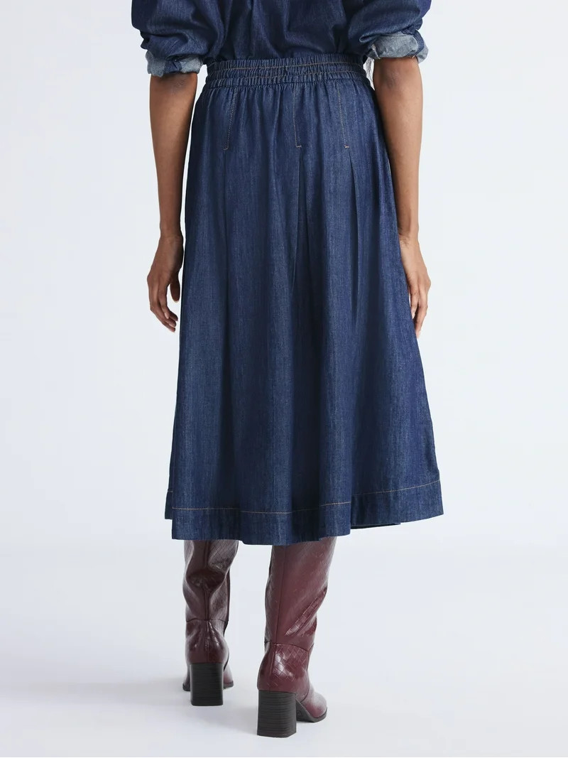 Free Assembly Women's Pull On Pleated Denim Maxi Skirt, Sizes XS-XXL | Walmart (US)