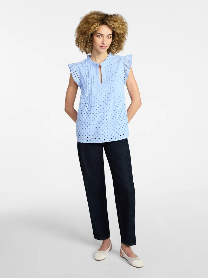 Time and Tru Women's Cotton Eyelet Top with Short Flutter Sleeves, Sizes XS-XXXL | Walmart (US)
