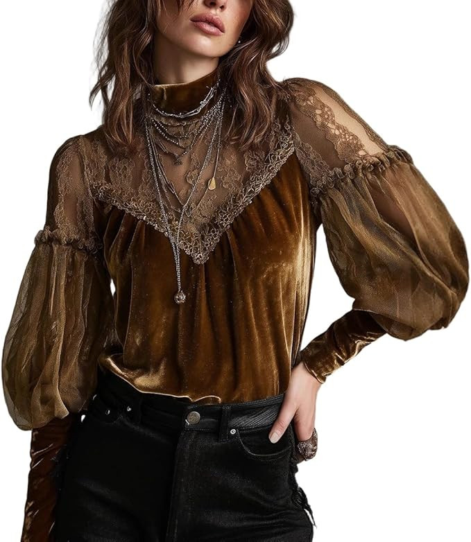 Vintage Velvet Tops for Women Elegant Lace Trim Puff Long Sleeve Mock Neck Blouse Fall Fashion Ou... | Amazon (US)