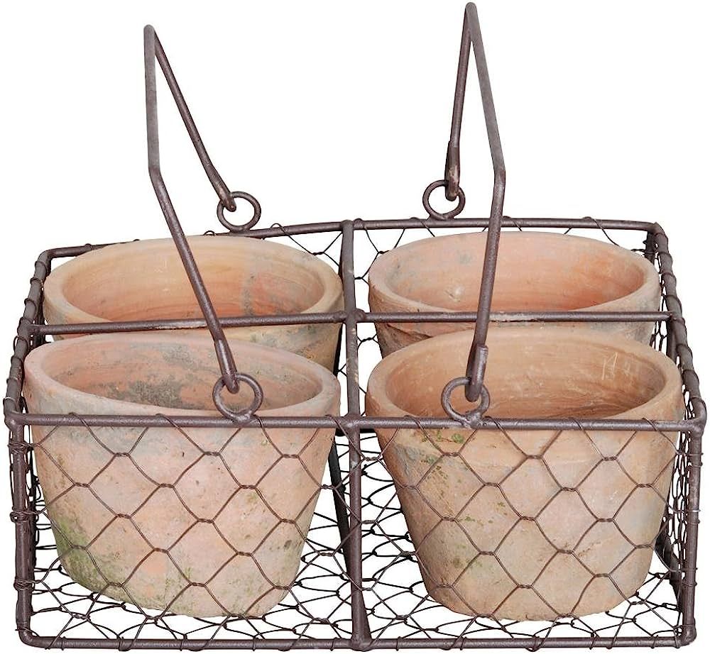 Esschert Design AT12 Aged Terracotta 4 Flowerpots in Metal Basket with Handle | Amazon (US)