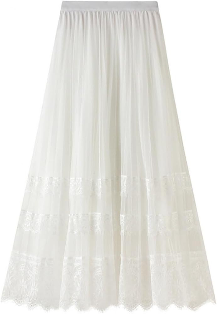 Women's Midi Skirt Elastic High Waist Lace Tulle Skirt Pleated Skirt | Amazon (US)