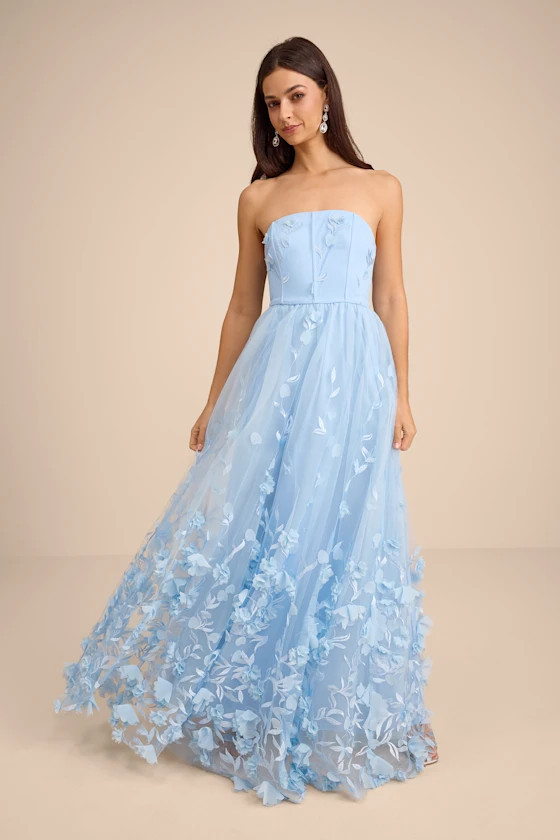 Lynly Light Blue 3D Floral Applique Tulle Maxi Dress | Lulus