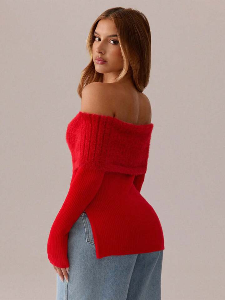 SHEIN SXY Fall Women Clothes;Christmas Sweater;1pc Red Off-Shoulder Faux Fur Knit Top, Christmas ... | SHEIN