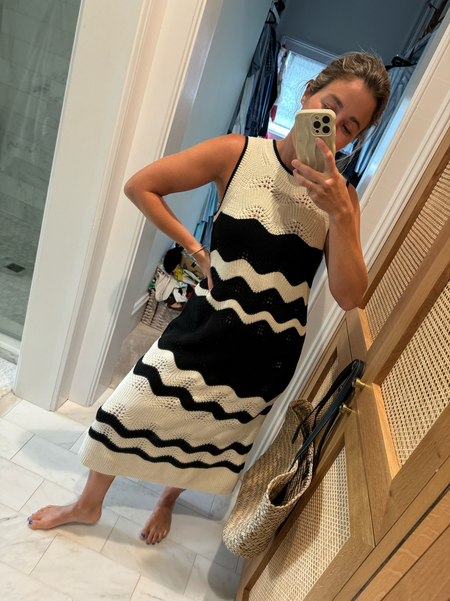 knee length dresses for ladies Colorful Stripes Crochet Midi Dress – FARM Rio main image 1