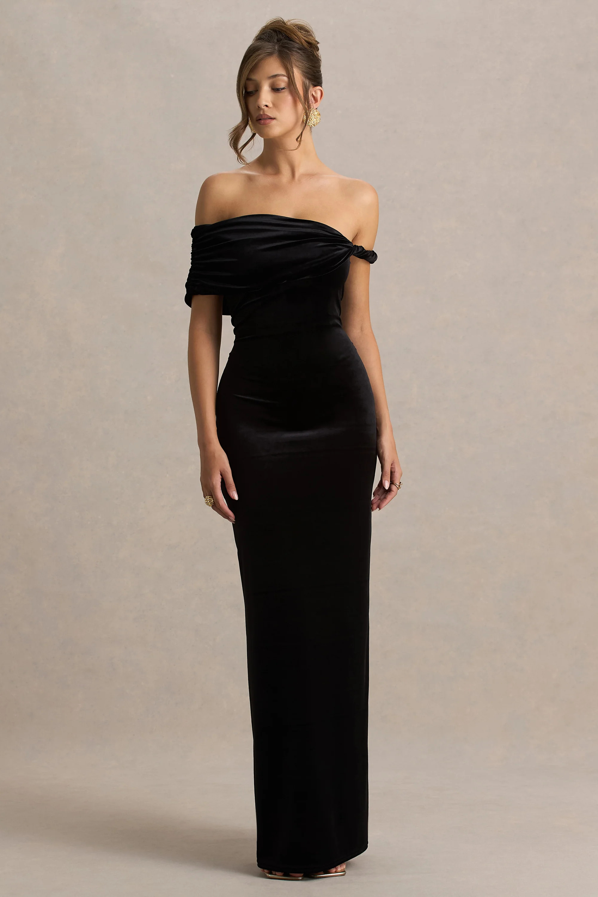 Poised | Black Velvet Bardot-Neck Maxi Dress With Twist-Sleeve | Club L London