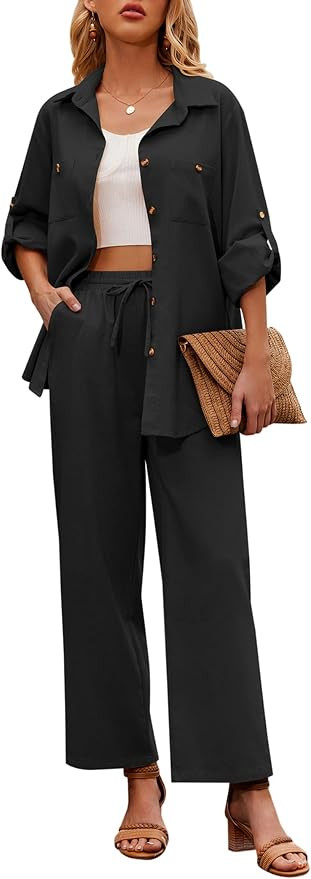 Zeagoo Women 2 Piece Linen Sets 2023 Button Down Shirt and Drawstring Long Pants Set Summer Outfi... | Amazon (US)