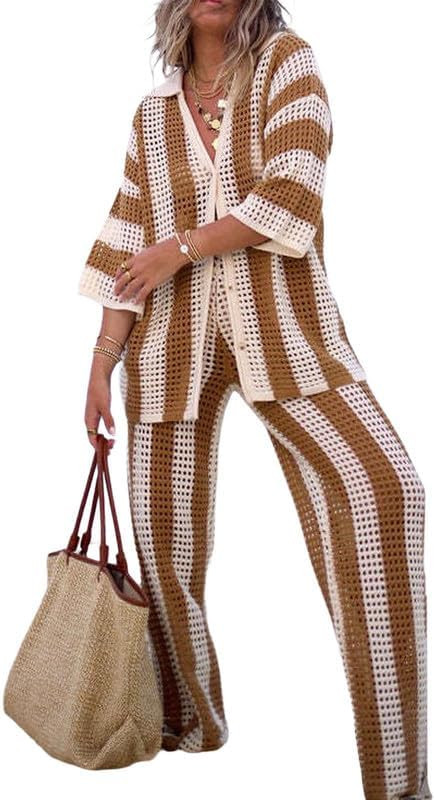 Women Y2k 2 Piece Swimsuit Cover Up Set Crochet Knit Hollow Out Button Up Top and Wide Leg Pants ... | Amazon (US)
