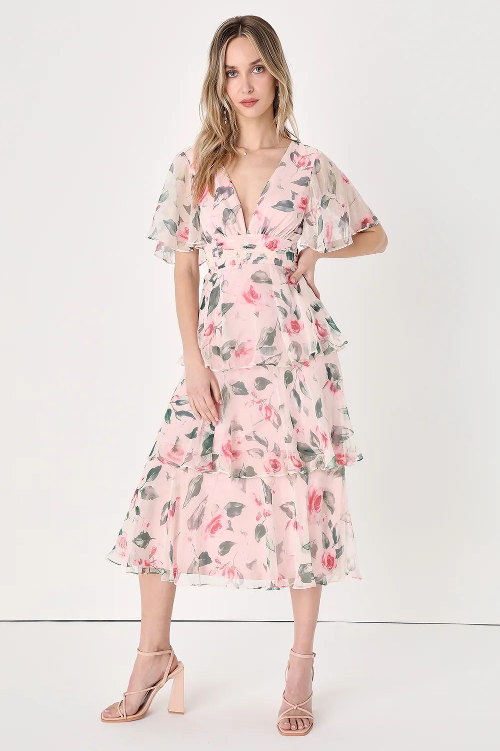 Marvelous Charm Blush Floral Flutter Sleeve Tiered Midi Dress | Lulus (US)