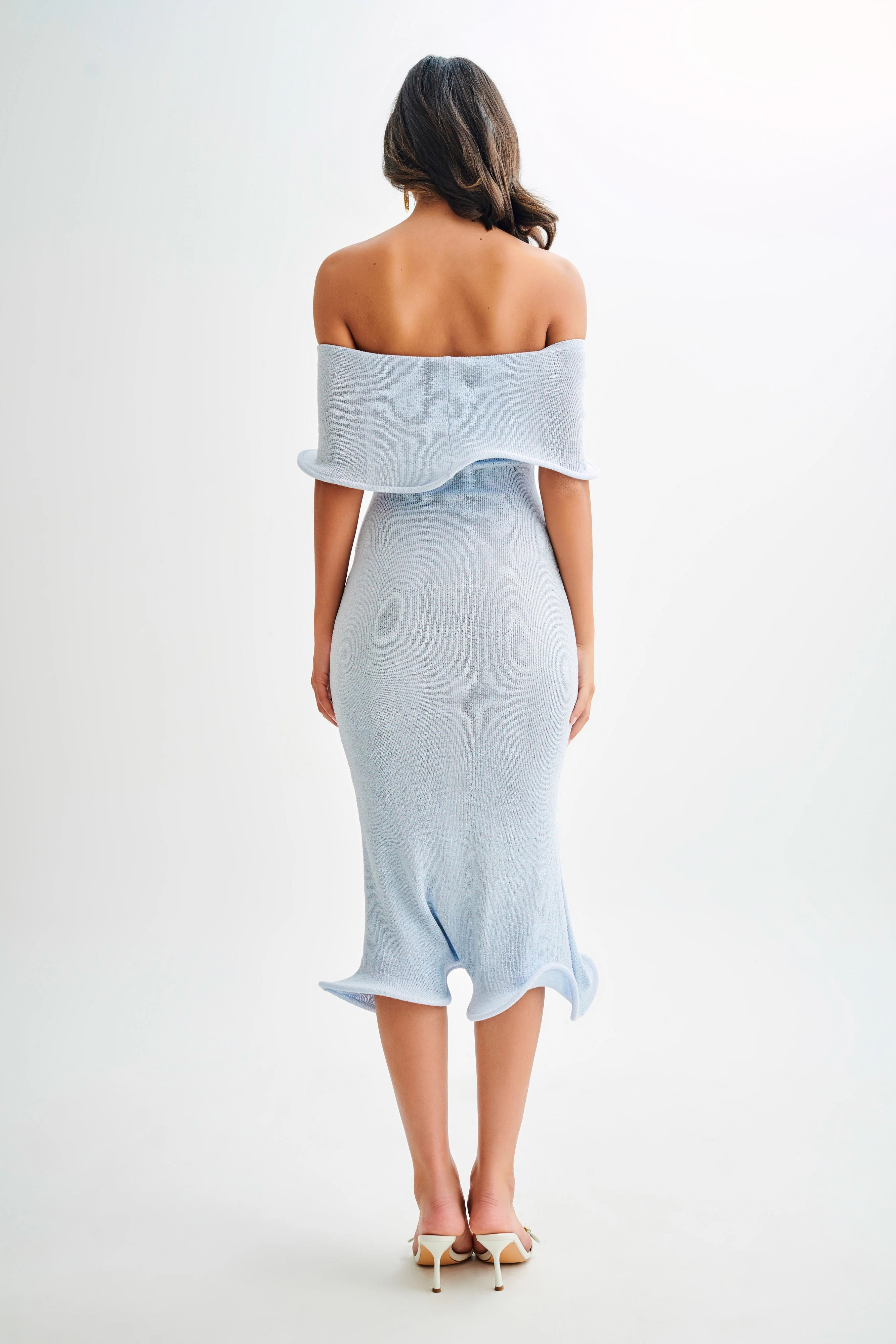Molly Off Shoulder Knit Midi Dress - Sky Blue | MESHKI US